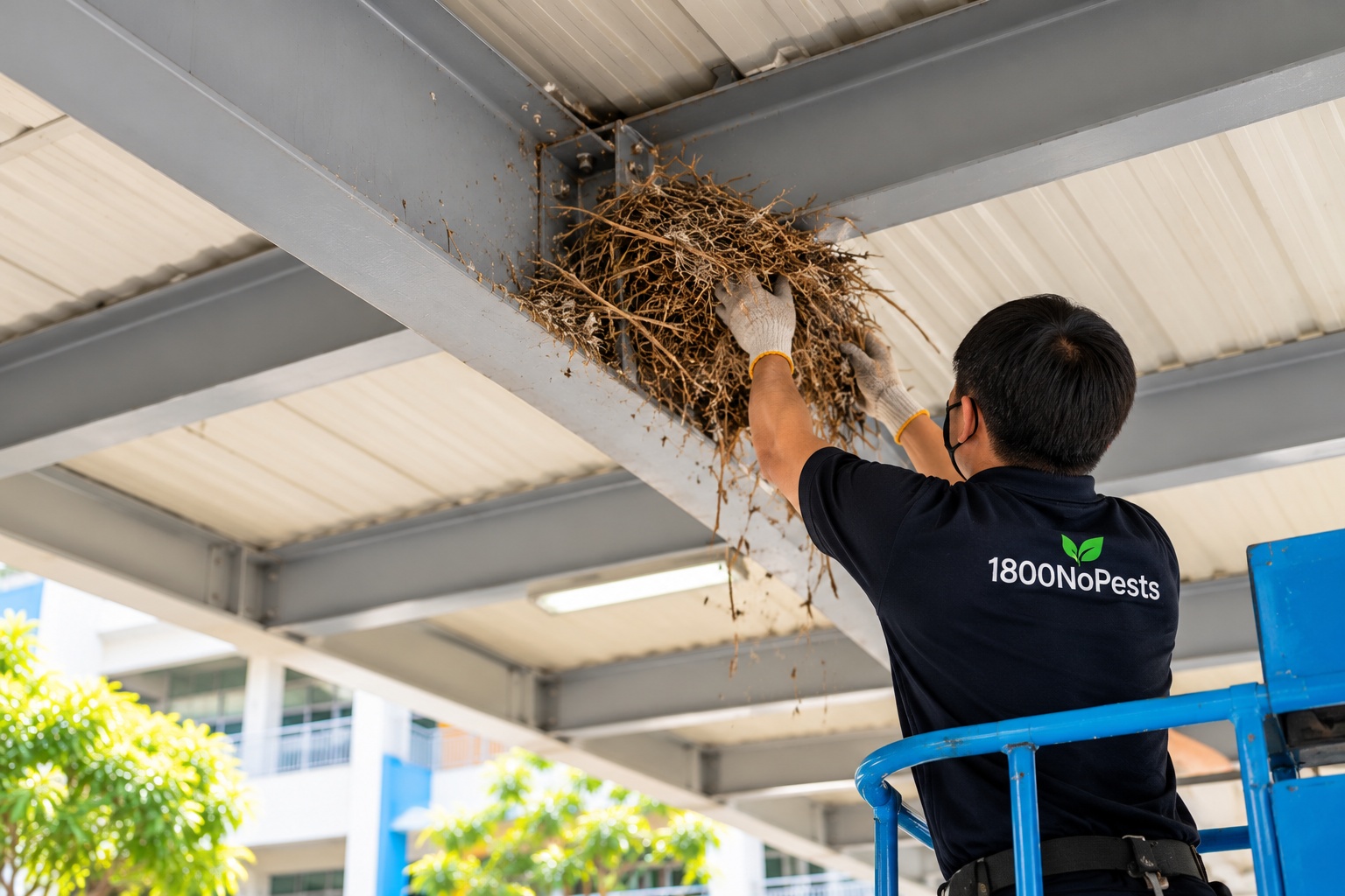 Technician removing old bird nests from temple roof beams